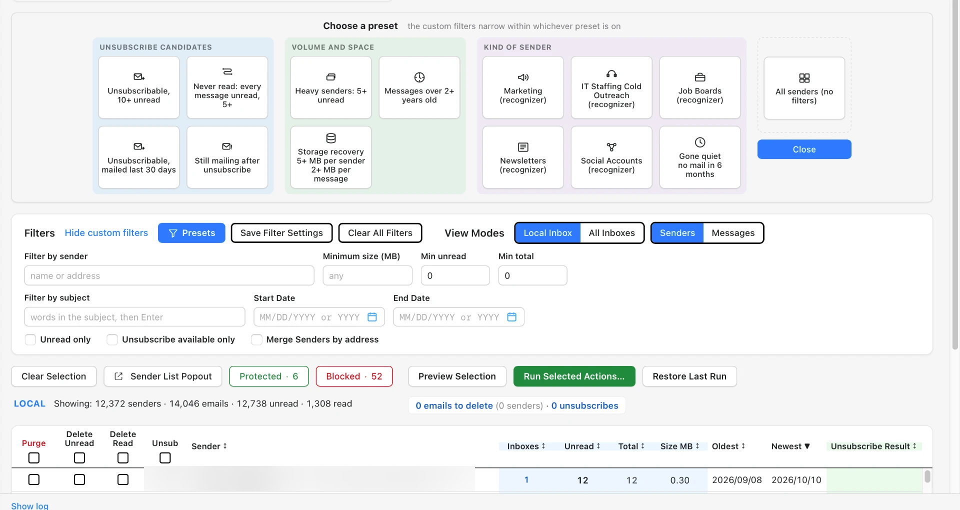 The Inbox Triage filter bar with fields for sender, minimum size, minimum unread, minimum total, subject, and start and end dates, shown with the preset picker open above the sender list.